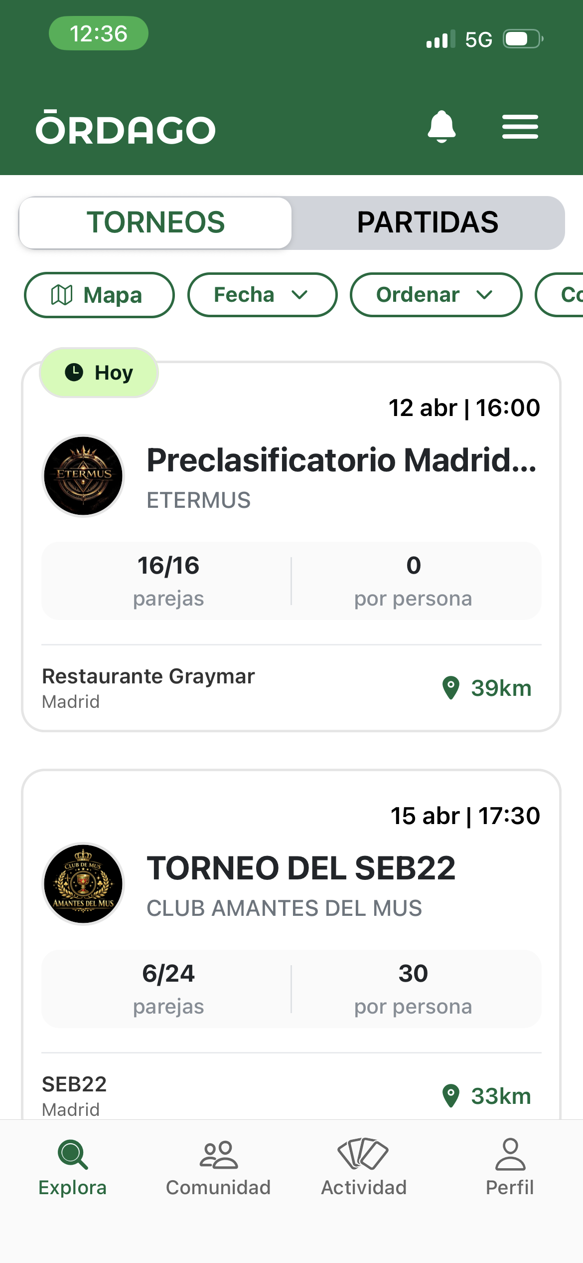 Vista de torneos en Órdago